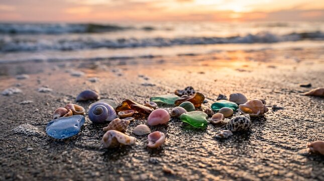 Collection of tiny colorful seashells and smooth sea glass scatters elegantly along a wet sandy beach at golden hour beneath warm sunlight.