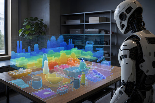 Humanoid robot analyzing tabletop with depth vision overlay