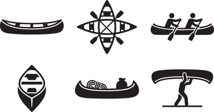 Six black and white canoe and kayak icons with paddles Vector