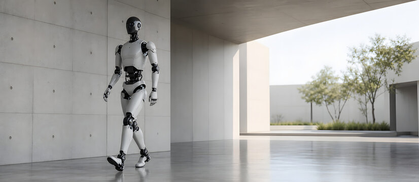 Modern humanoid robot walking through bright minimal architecture