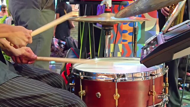 Musician playing drums in band concert, Jazz Music Entertainment, Live Musical Performance, Audio Sound Symphony, Orchestra Rehearsal