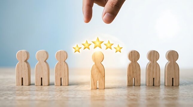 A hand placing a five-star rating on a standout wooden figure among a group of similar figures, symbolizing exceptional service, quality, and customer satisfaction in a business or review context.