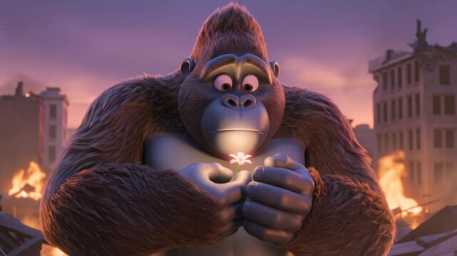 Sad cartoon gorilla holding a small flower in a ruined city