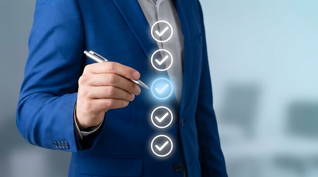 Businessman in blue suit checking virtual checkboxes with a pen, representing online tasks, to-do lists, and digital workflow management in a modern office environment.