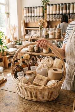 Eco household shopping basket with reusable cleaning tools and natural products.generative AI