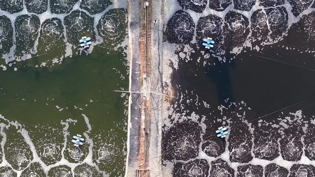 Aerial Drone View of Municipal Wastewater Treatment Ponds