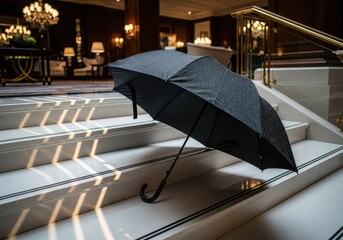 Fototapeta premium Wet Black Umbrella Resting on Elegant White Marble Stairs in a Luxury Hotel Lobby Interior