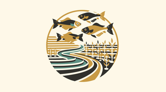 Colorful fish swimming in circular river design.