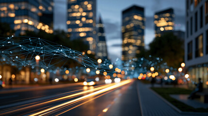 Fototapeta premium Glowing city street with long luminous light trails threading between brightly lit skyscrapers at soft dusk reflective wet asphalt and atmospheric glow no people cinematic