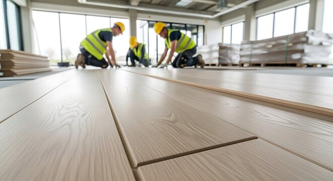 Flooring Professionals Installing Wood Planks in New Commercial Building