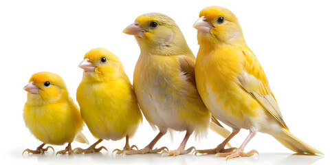 Naklejka premium Three Yellow Canaries Perched Together Isolated on White Background Close Up