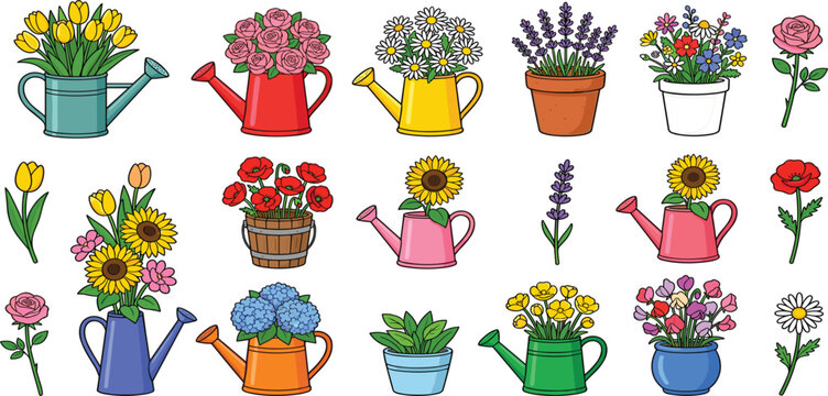 Lovely Spring Blooming Flowers Vector Set with Colorful Watering Cans and Terracotta Clay Pots for Gardening and Beautiful Landscape Designs