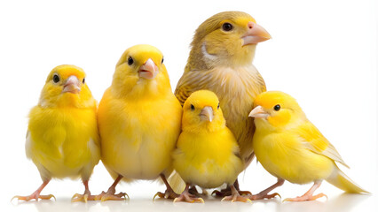 Fototapeta premium Group of Bright Yellow Canary Chicks Standing Together on White Background Close Up