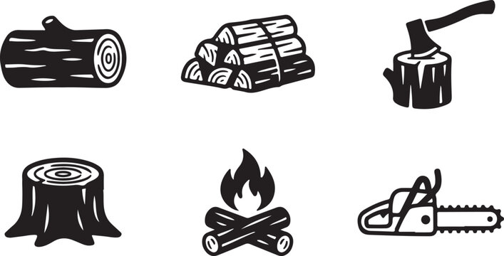 Six black and white camping and woodcutting icons set Vector