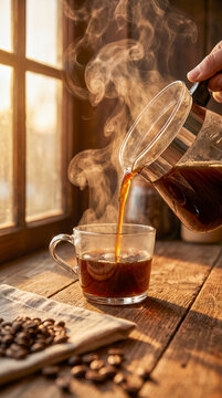 Caf&eacute; reci&eacute;n preparado fluyendo desde una cafetera de cristal hacia una taza de cristal con vapor, iluminaci&oacute;n c&aacute;lida y estilo cinematogr&aacute;fico. Ideal para publicidad, cafeter&iacute;as y contenido premium.