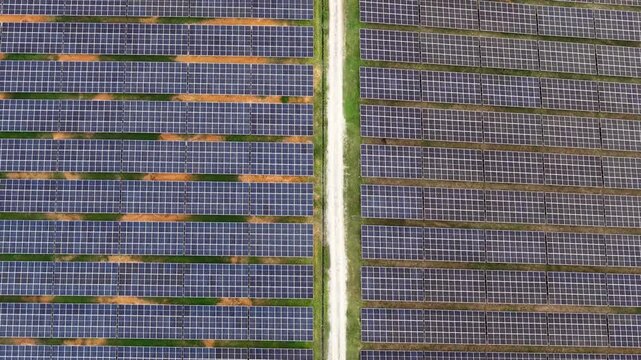 Top-down drone footage showing organized rows of solar panels separated by a central access path.