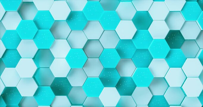 Abstract 3d hexagon grid background with white tiles and digital glowing cyan light. 4k seamless loop animation.
