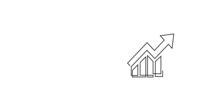 Animated self drawing of continuous line draw of  Business growth charts and graphs, rising arrow, progress, success concept. Full length one line animation. 4K   