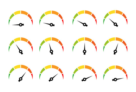 Speedometer, gauge meter icons. Vector scale, level of performance. Speed dial indicator . Green and red, low and high barometers template 3