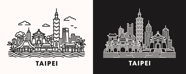 Fototapeta premium Taipei Taiwan city skyline line art illustration with modern buildings and architectural silhouettes in minimalist vector outline style