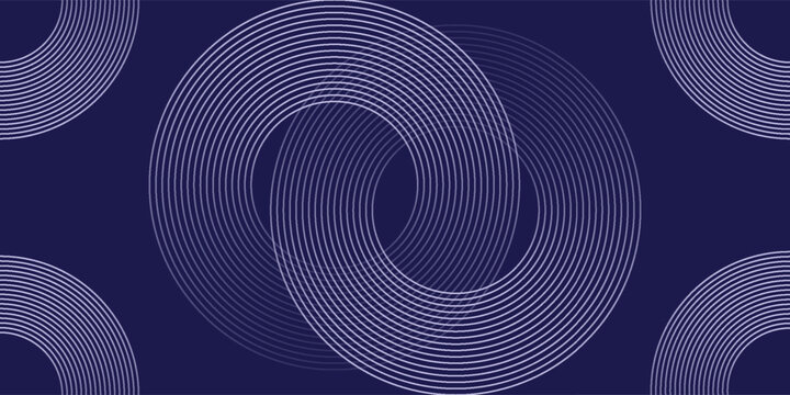 Garis geometri berpendar biru abstrak pada latar belakang biru gelap. Pola garis lingkaran biru mengkilap modern. Futuristik konsep teknologi. Jas untuk sampul, poster, spanduk, header, situs web