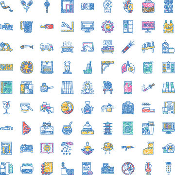 Hand drawn icon collection showcasing diverse concepts and themes, covering subjects from religion and science to daily life, technology, health, and creativity with a scribbled brush effect