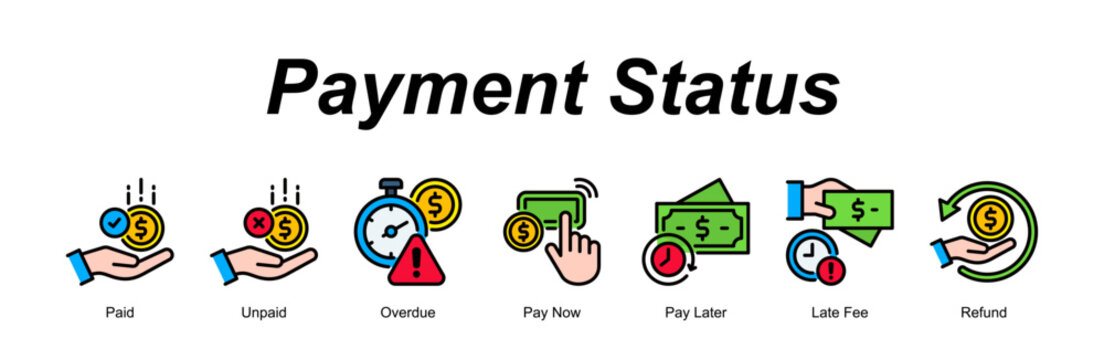 Payment Status banner web icon vector illustration concept with an icon of Paid, Unpaid, Overdue, Pay Now, Pay Later, Late Fee, Refund 