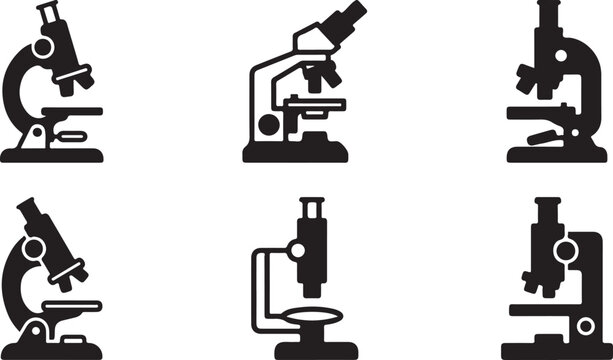 Six different microscope icons in black and white Vector