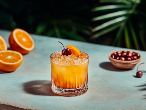 Amaretto Sour cocktail made with amaretto liqueur, lemon juice, and sweetener, balanced with bourbon and egg white, and garnished with a cherry and orange slice 