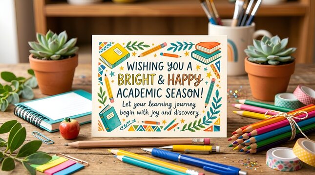 Bright Happy Academic Season Greeting Card with School Supplies & Succulents