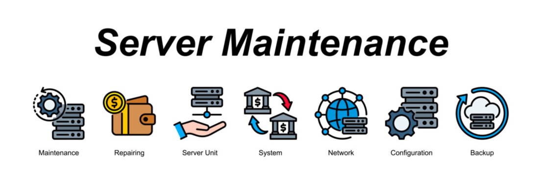 Server Maintenance banner web icon vector illustration concept with an icon of Maintenance, Repairing, Server Unit, System, Network, Configuration, Backup 