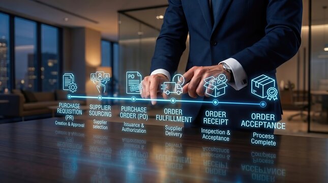 Procurement Cycle Timeline Dashboard with Businessman Hands Interacting with Holographic Purchase Requisition, Purchase Order, Delivery and Goods Receipt Workflow in Luxury Corporate Office