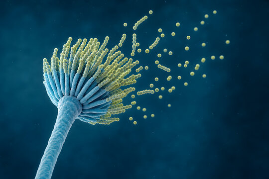 Fungal conidiophore releasing spores in microscopic view