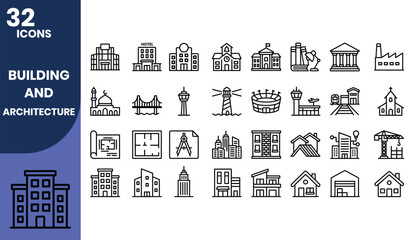 Fototapeta premium Professional buildings and architecture line icon set featuring residential homes, commercial buildings, landmarks, construction, urban development, blueprints, and architectural design symbols.