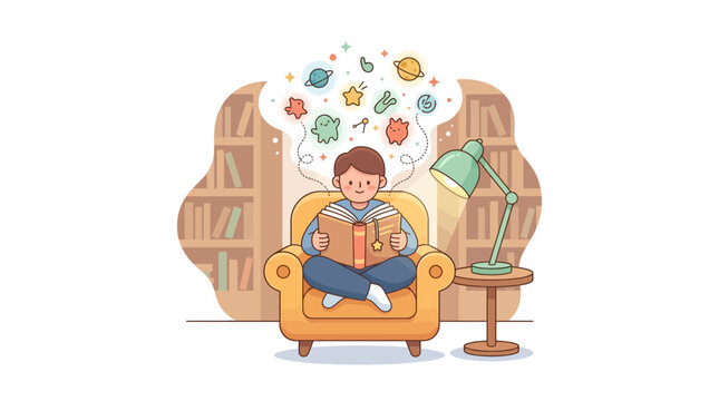 Little boy reading book in armchair with space imagination and monsters in library