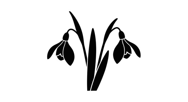 Vector illustration of black silhouette of two snowdrop flowers with leaves on a transparent background