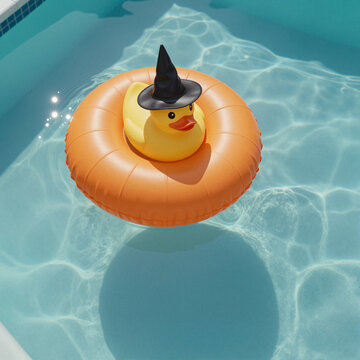 summerween toy duck with witch hat floating in pool on sunny day halloween theme playful summer fun
