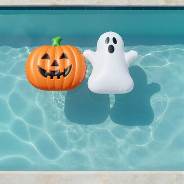 summerween halloween themed pumpkin and ghost inflatables floating in clear blue pool on sunny day