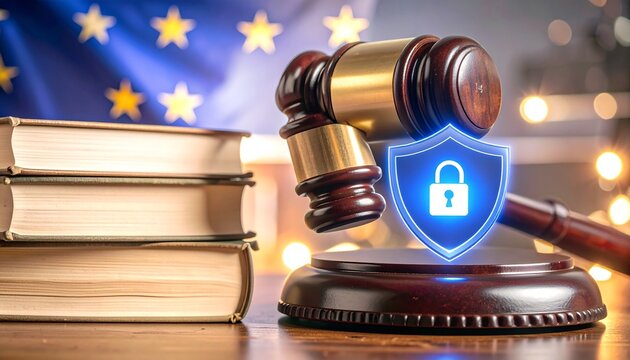 Judge&rsquo;s gavel with EU flag, symbolizing GDPR and data protection.