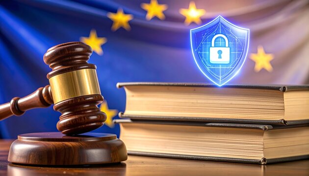 Judge&rsquo;s gavel with EU flag, symbolizing GDPR and data protection.
