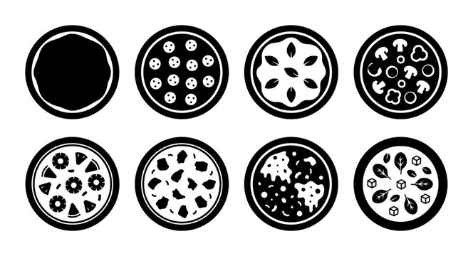 Pizza icon set for food ordering and restaurant apps outline, solid and color styles, white background