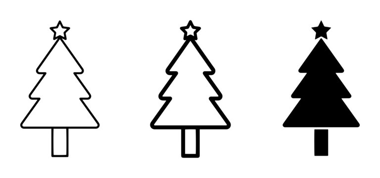 Christmas tree icon set for holiday season and winter celebrations, outline, solid and color styles, white background