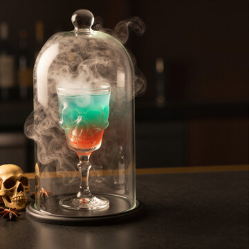 mysterious cocktail with dry ice smoke in a glass dome on a dark bar counter with skull decor