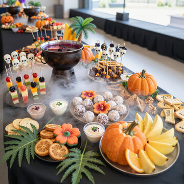 halloween themed buffet with fruit skewers and smoke effects in modern kitchen showcasing spooky decorations