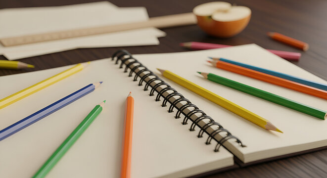 Artistic Supplies: Open Notebook With Colored Pencils, Apple & Ruler