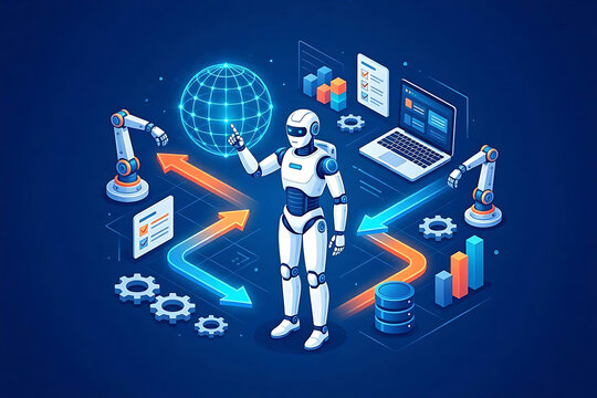 Futuristic 2.5D vector illustration of a sleek humanoid robot managing a digital ecosystem