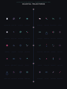 Futuristic 40 celestial trajectories outline vector graphics, cosmic telemetry blueprint spec elements showcasing minimalist astronomical quantum singularity, sci-fi space physics infographic website 