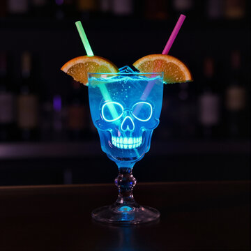 glowing cocktail in skull-shaped glass with orange slices and straws in dimly lit bar ambiance