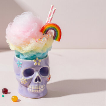 colorful cotton candy dessert in skull-shaped mug with rainbow decoration, creative halloween treat