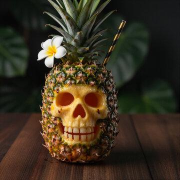 tropical halloween cocktail in hollowed pineapple with skull design on wooden table exotic drink concept